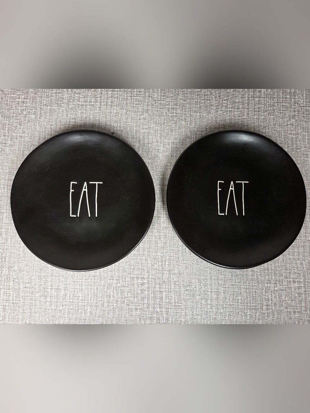 RARE Rae Dunn Set  of 2 8" Salad Dessert Plates “EAT” Black Ceramic